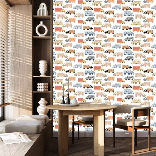 Behang seamless pattern with toy trucks, kids pattern