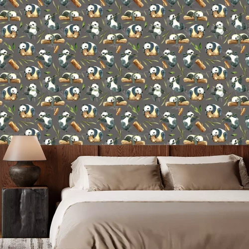 Behang Aquarel panda's met bamboe