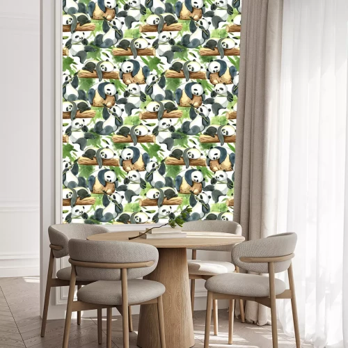 Behang Aquarelpanda's met bamboe aan de boom