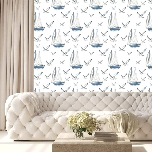 Behang Seamless pattern with yachts and seagulls. Nautical pattern
