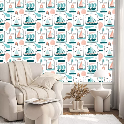 Behang Seamless pattern with ships, sail boats in miniature in glass bottle