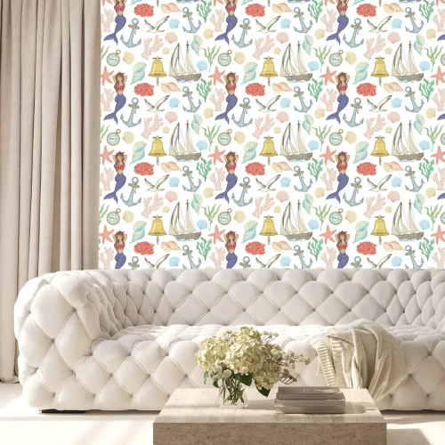 Behang Seamless nautical pattern with ships, mermaid, coral and other marine objects