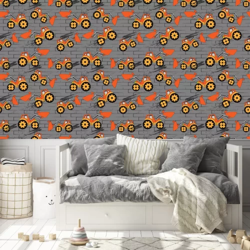 Behang Children's cartoon orange tractor with bucket on gray background. Geometric elements, brick, brush effect. Abstract seamless pattern.