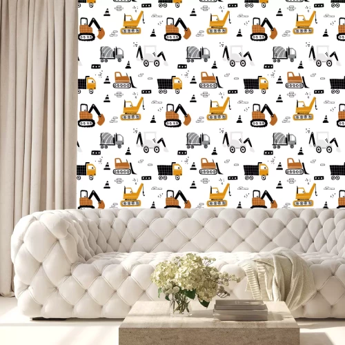 Behang Vector hand-drawn seamless repeating children simple pattern with cars in Scandinavian style on a white background.Kids seamless pattern with building equipment. Funny construction transport