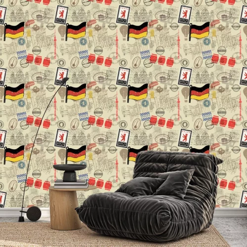 Behang Vector seamless pattern consisting of Germany symbols or icons. Stamps and travel icons collection. Germany symbols on fabric background. 