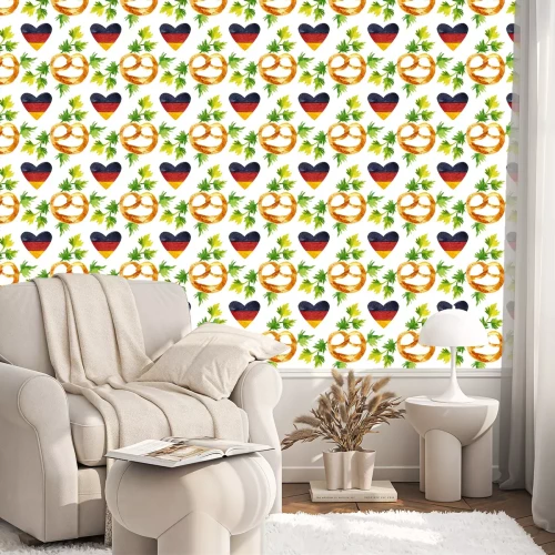 Behang Watercolor seamless pattern with hand drawn elements. Traditional Brezn pretzel, green leaves and German flag in heart shape on white background
