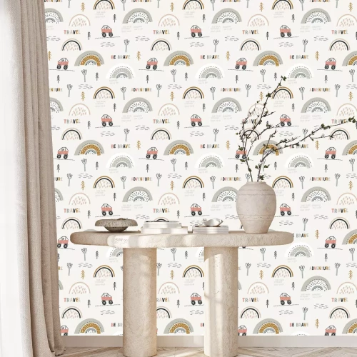 Behang Childish seamless pattern with doodle buggy car and hilly terrain. Background with abstract rainbows. Creative childish texture for fabric, wrapping, textile, wallpaper, apparel. Vector illustration.