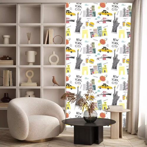 Behang Decorative seamless pattern with new York symbols isolated on white. Background with architecture, names of attractions in the city of America for tourism, printing on Souvenirs. Vector illustration.