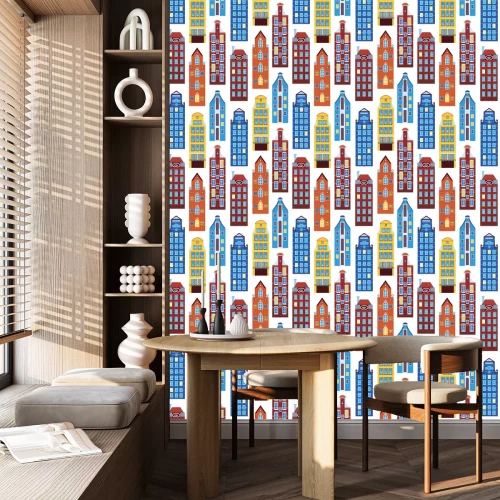 Behang Seamless pattern with houses of amsterdam or europe isolated on white background for printing on fabric or textile, flat vector stock illustration with old houses