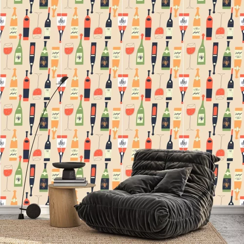 Behang Seamless pattern of wine bottles and glasses. Vector illustration.