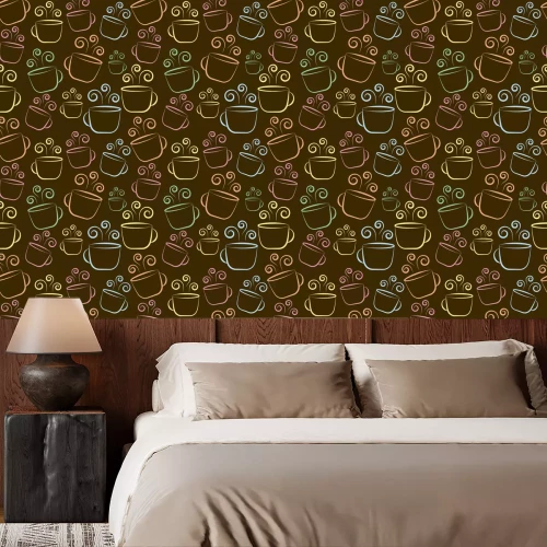 Behang Coffee cup colorful seamless pattern on brown background
