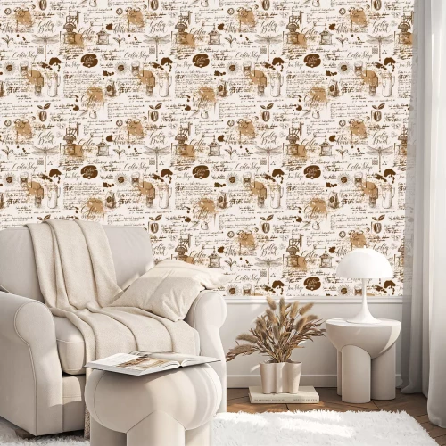 Behang Vector seamless pattern on tea and coffee theme in retro style. Various coffee symbols, dragonfly, blots and inscriptions on a background of old manuscript. Can be used as wallpaper or wrapping paper