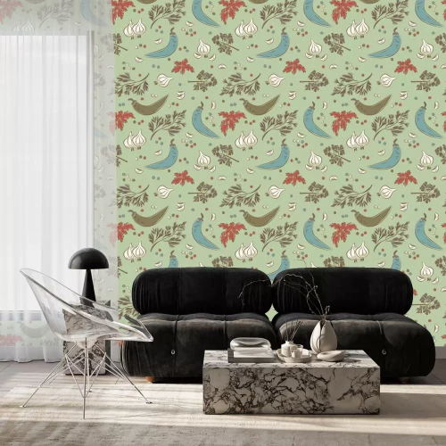 Behang Knoflookpepers en kruiden in vintage stijl