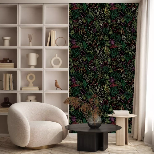 Behang Grafische kleurrijke groenten op een zwarte achtergrond