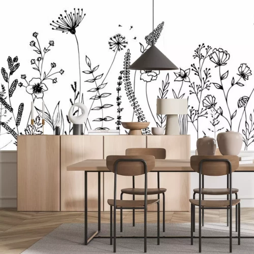 Sticker Zwart-witte bloemen groeien in de wei