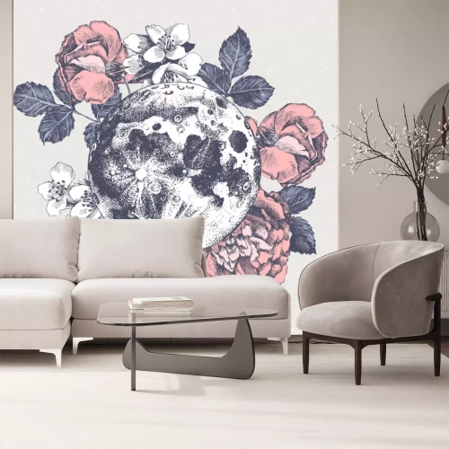 Sticker Retro afbeelding met maan en bloemen