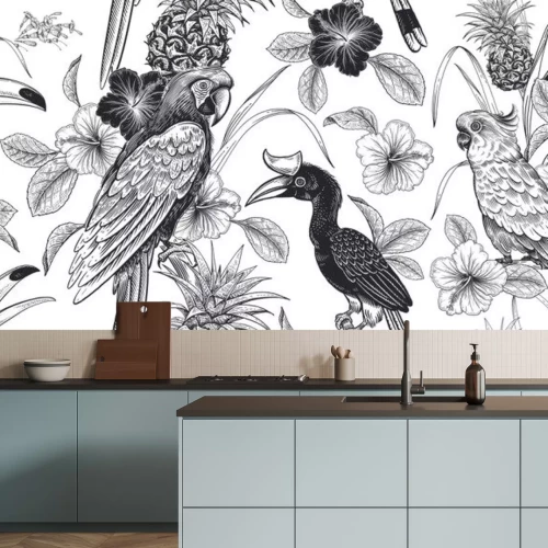 Sticker Zwart-witte bloemen en exotische vogels