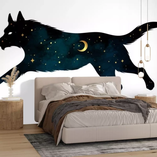 Sticker Silhouette of wolf with crescent moon and stars isolated. Sticker, print or tattoo design vector illustration. Pagan totem, wiccan familiar spirit art