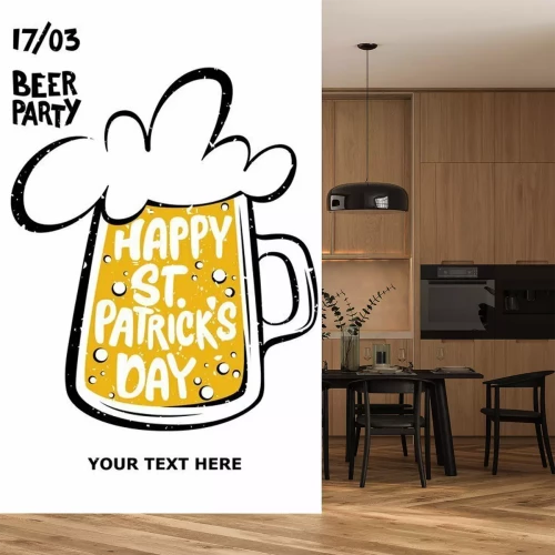 Sticker Happy St. Patrick's Day greeting. Lettering happy St. Patrick's Day inscribed in a beer. Beer party. Illustration of a beer mug.