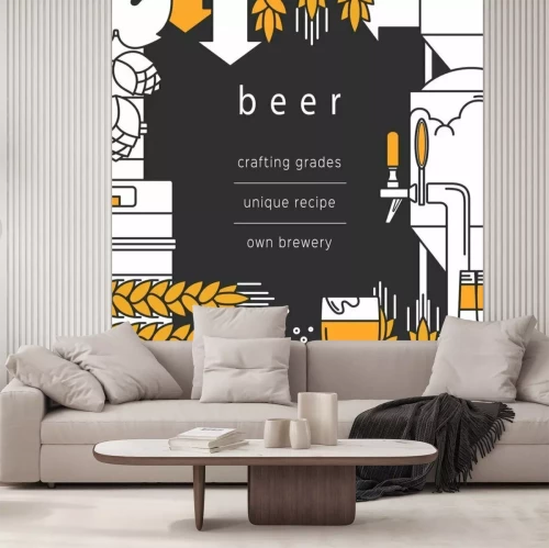 Sticker Beer background. Glass, mug, beer tap, bottles and kegs, equipment for brewing, brewery, wheat and hops. Vector backdrop for booklet, brochure, flyer.