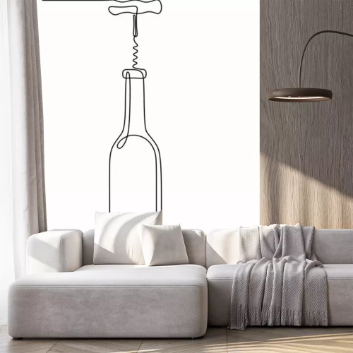 Sticker Bottle of wine with corkscrew in continuous line art drawing style. Minimalist black linear sketch isolated on white background. Vector illustration