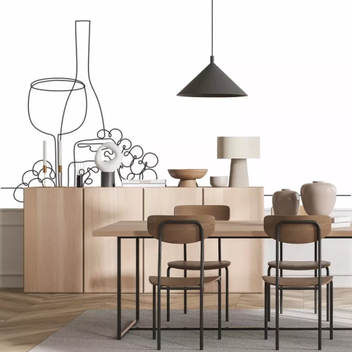 Sticker Wine glass, a bottle of wine and grapes. Still life. Sketch. Draw a continuous line. Decor. Vine and cheese