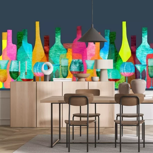 Sticker Seamless ribbon border with stylized silhouettes of colored bottles of alcohol and glasses. Watercolor.