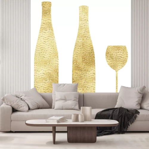 Sticker Illustration of gold wine bottles and glass on a white background