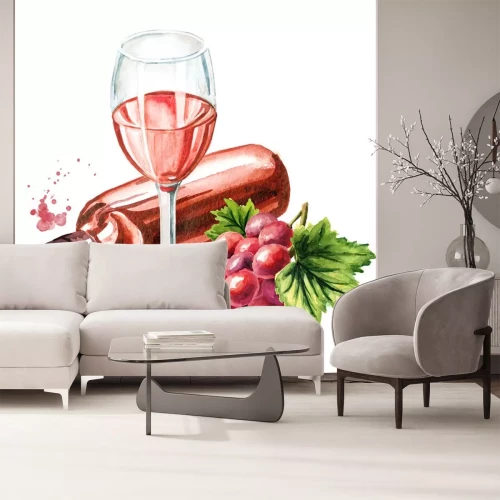 Sticker Bottle and glass of Rose wine with vine leaves and grape berries. Hand drawn watercolor illustration isolated on white background