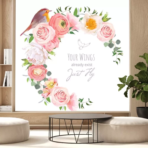 Sticker Cute floral vector round frame with ranunculus, peony, rose, green plants and small bird on white. Peachy, white and yellow flowers. Crescent shape bouquet