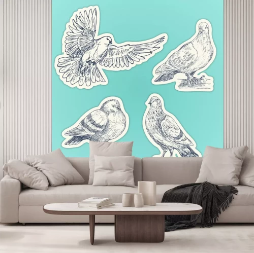 Sticker Set of hand drawn doves. Sketch of pigeons. Set of stickers