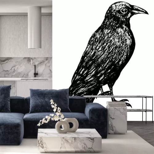 Sticker Sketch of a crow black outline on a white background isolated, stock vector illustration for design and decoration, sticker, baaner, oster, vintage, gothic