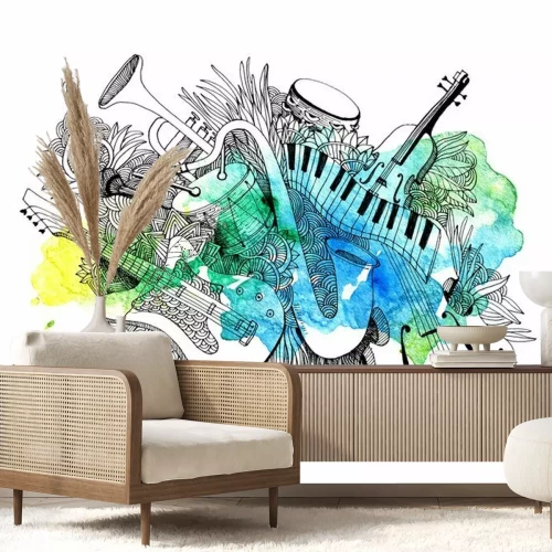 Sticker Composition of musical instruments with a splash of colors