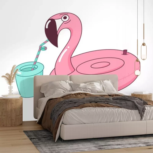 Sticker Inflatable cute pool toy. Pink rubber flamingo.