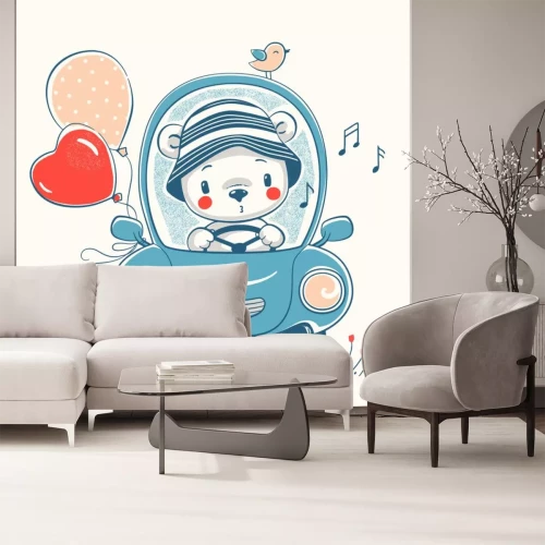 Sticker Cute baby bear driving car cartoon hand drawn vector illustration. Can be used for baby t-shirt print, fashion print design, kids wear, baby shower celebration greeting and invitation card.