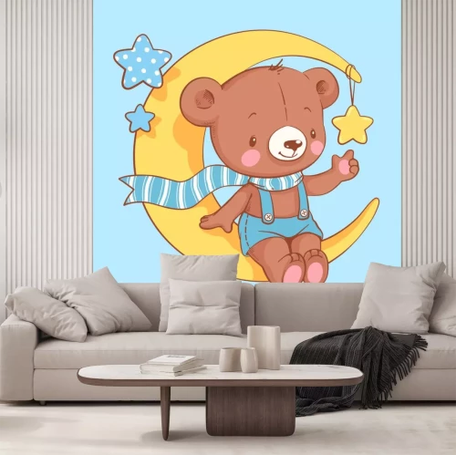 Sticker Cute baby bear sitting on the moon cartoon hand drawn vector illustration. Can be used for baby t-shirt print, fashion print design, kids wear, baby shower celebration greeting and invitation card.