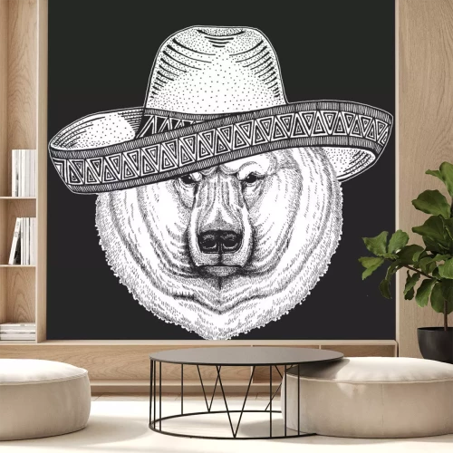 Sticker Polar bear portrait. Sombrero is traditional mexican hat. Mexico. Head of wild animal