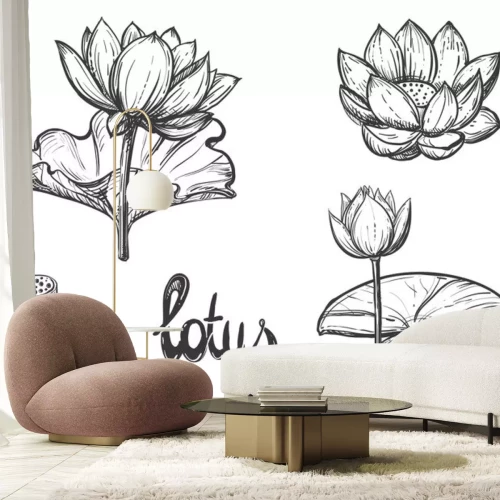 Sticker Hand drawn sketch black and white set of lotus flowers, petal, leaf. Vector illustration. Elements in graphic style label, card, sticker, menu, package.