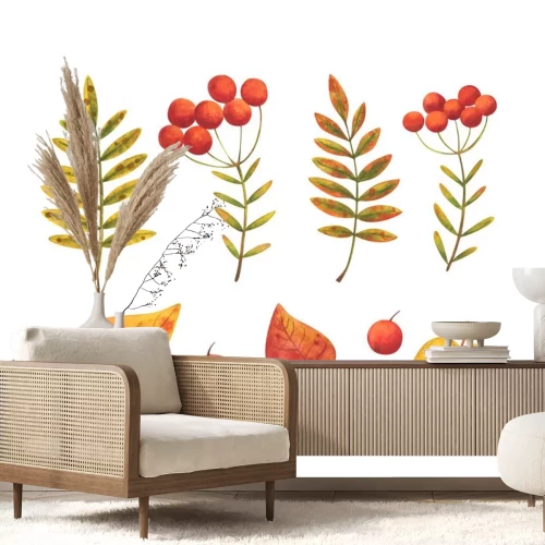 Sticker Fallen leaves and red berries of mountain ash. A set of autumn images. Stock watercolor plants. Collection of decorative elements isolated on a white background