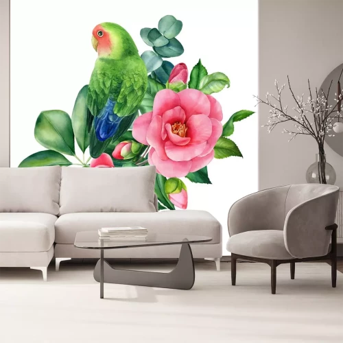 Sticker Tropical composition bouquet of flowers and parrots lovebirds on isolated white background, watercolor illustration