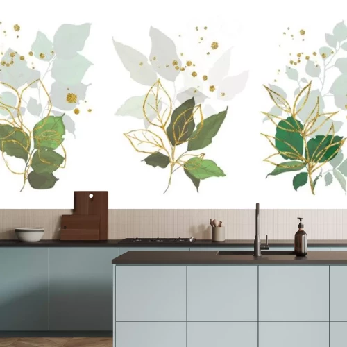 Sticker Gold leaves green tropical branch plants wedding bouquet with golden splatters isolated. Floral foliage vector illustration arrangement in watercolor style for wedding invitation card