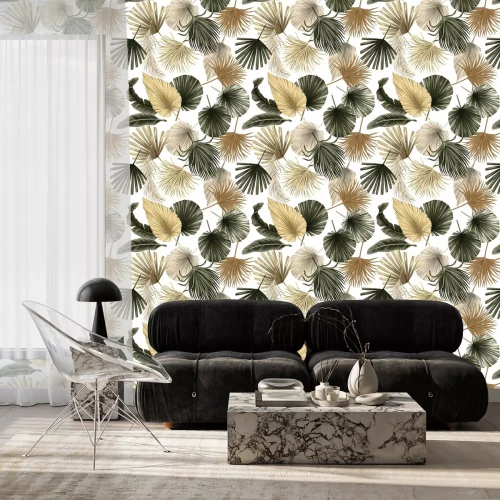 Behang Exotisch bladpatroon in aardse tinten