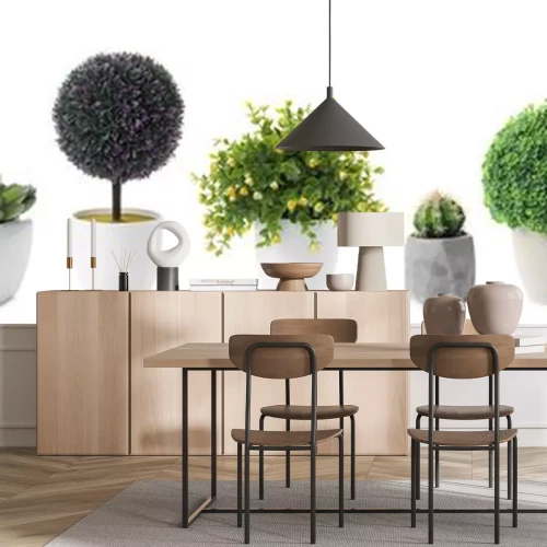 Sticker Set of artificial plants in flower pots isolated on white. Banner design