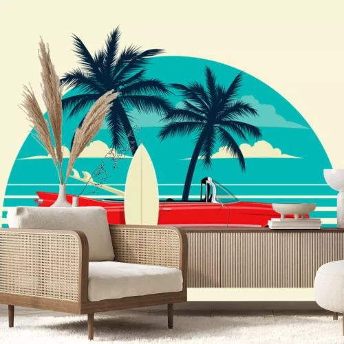Sticker Red retro roadster car with surfing boards on the beach with palm silhouettes on background. Summer time themed vector illustration for poster or card or t-shirt or sticker design.