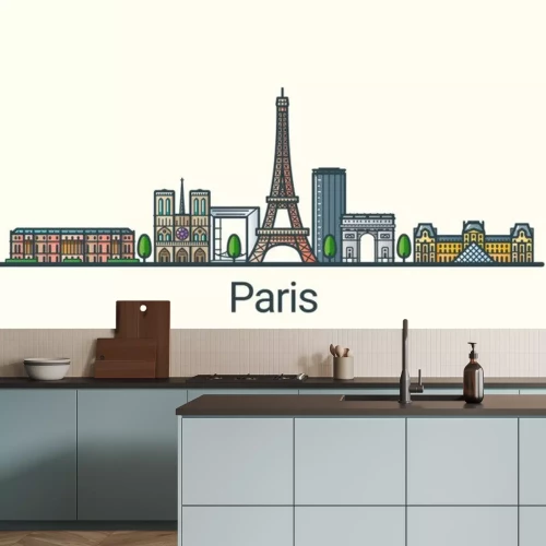 Sticker Banner of Paris city in flat line trendy style. All buildings separated and customizable. Line art.