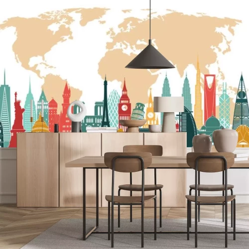 Sticker Travel and tourism background. World famous monuments skyline. Vector illustration