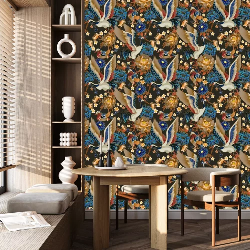 Behang Retro illustratie met kleurrijke vogels