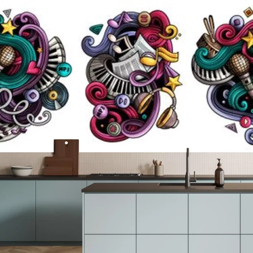 Sticker Music cartoon vector doodle designs set