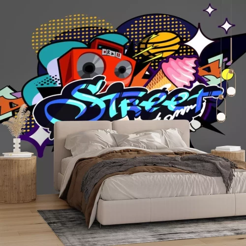 Sticker the inscription Street in the style of pop art street graffiti on the background of clouds, explosions, Boombox, skate, ball, ice cream. Perfect for stickers, flyers, festivals. EPS 10