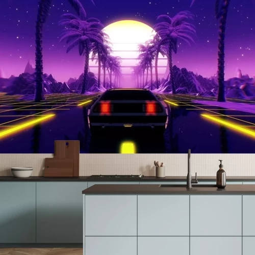 Sticker 80s retro futuristic sci-fi 3D illustration with vintage car. Riding in retrowave VJ videogame landscape, neon lights and low poly grid. Stylized cyberpunk vaporwave background. 4K